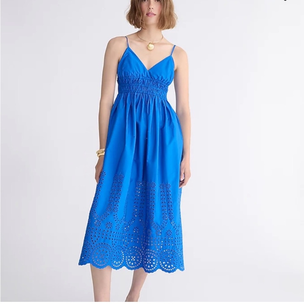 J. Crew V-neck Smocked Waist Dress in Cotton Poplin Blue Eyelet Size 16 - Picture 2 of 9